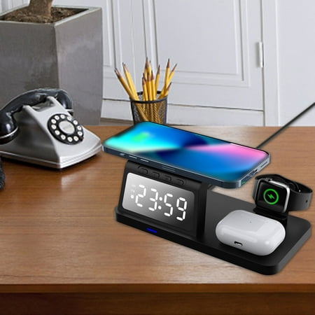 Banghong 4 in 1 Wireless Charging Station with Digital Alarm Clock Multiple Smart Safety Protections 15W Wireless QI Fast Charging For Multiple Devices & Compatible With IOS & Android