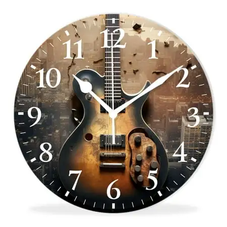 Battery Operated Quartz Wall Clocks Non-Ticking Quiet Analog Clock Decorative Indoor Bedroom-Electric Guitar Music Cityscape Multicolor(10inch)