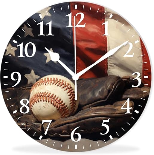 Battery Operated Quartz Wall Clocks Non-Ticking Silent Modern Wall Clocks Decorative for Office-Baseball and Glove with The Stars and Stripes(12inch)