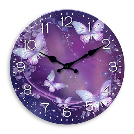 Battery Operated Wall Clocks for Bedroom - Purple Wall Clock Bedroom Women - 14 Inch Butterfly Wall Clock for Girl