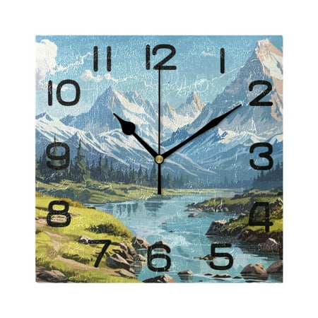 Beautiful Landscape River Mountain Wall Clock Square Silent Non-Ticking Battery Operated Retro 7.78 Clock Home Kitchen Office Decoration