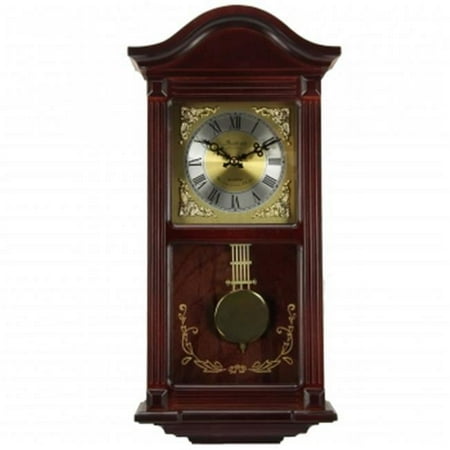 Bedford Clock Collection Mahogany Cherry Wood 22 in. Wall Clock with Pendulum & Chimes