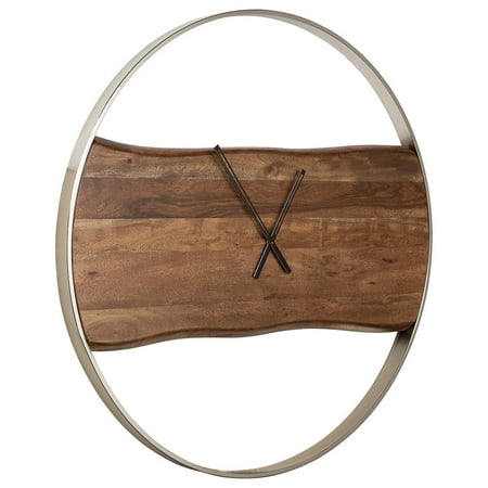 Benjara BM238388 36 in. Wall Clock with Faux Live Edge Design, Brown & Silver