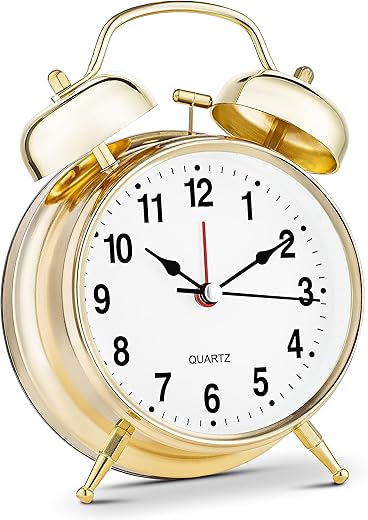 Bernhard Products Analog Alarm Clock Twin Bell 4" Gold Metal Extra Loud Quartz Battery Operated with Backlight, Silent Non-Ticking for Bedside Desk, Vintage Retro Antique Decorative Old School