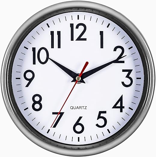 Bernhard Products Silver Wall Clock 8" Silent Non-Ticking Quality Quartz Battery Operated Clock for Home Kitchen Bedroom Bathroom Classroom Nursery Room Easy to Read