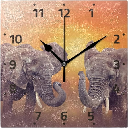 BESTKITTY African Elephants Wall Clock Square Silent Non-Ticking [Battery Operated] Easy to Read Clocks for Home Kitchen Office Classroom Living Room Bedroom