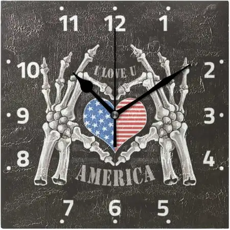 BESTKITTY America Skull Bones Skeleton Wall Clock Square Silent Non-Ticking [Battery Operated] Easy to Read Clocks for Home Kitchen Office Classroom Living Room Bedroom