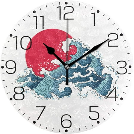 BESTKITTY Asian Japanese Blue Ocean Waves and Sun Wall Clock Fashion Frameless Decorative Clock for Kitchen Bedroom Living Room Classroom Home Decor - Round Shape