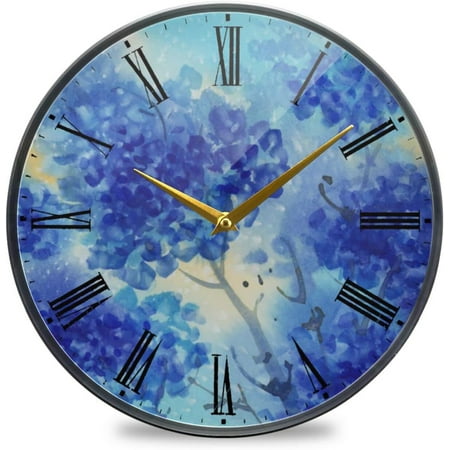 BESTKITTY Blue Flowers Hydrangeas Watercolor Wall Clock Silent Non-Ticking Battery Operated Acrylic Painted Vintage Roman Numerals Clocks 11.9 Inch for Home Kitchen Livingroom Office Classroom