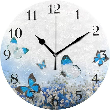 BESTKITTY Blue Hydrangeas Butterfly Wall Clock 9.8 Inch Silent Round Wall Clock Battery Operated Non Ticking Creative Decorative Clock for Kids Living Room Bedroom Office Kitchen Home Decor