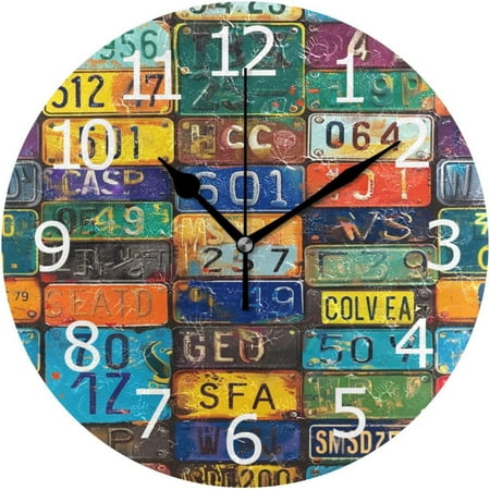 BESTKITTY Colorful License Plates Round Wall Clock Silent Non Ticking, Decorative Wall Clock for Kitchen Office Bedroom,Battery Operated