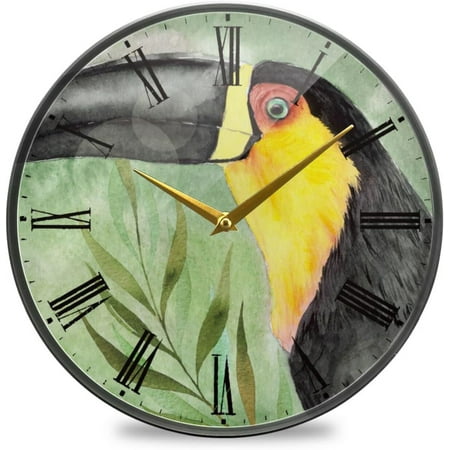 BESTKITTY Colorful Toucan Bird Wall Clock Silent Non-Ticking Battery Operated Acrylic Painted Vintage Roman Numerals Clocks 11.9 Inch for Home Kitchen Livingroom Office Classroom