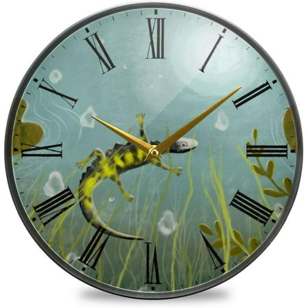 BESTKITTY Frog on Lotus Leaf Wall Clock Silent Non-Ticking Battery Operated Acrylic Painted Vintage Roman Numerals Clocks 11.9 Inch for Home Kitchen Livingroom Office Classroom