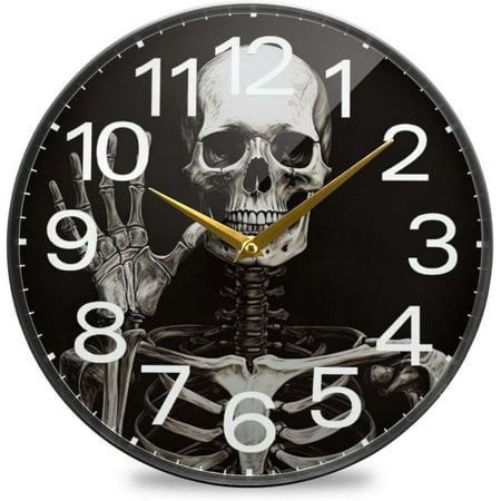 BESTKITTY Halloween Skeleton Wall Clock 10 Inch Silent Non Ticking Round Clock, Easy to Read Clock for Living Room Bedroom Bathroom Home Decor