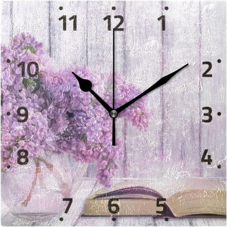 BESTKITTY Lilac Flowers in Glass Vase Wall Clock Square Silent Non-Ticking [Battery Operated] Easy to Read Clocks for Home Kitchen Office Classroom Living Room Bedroom