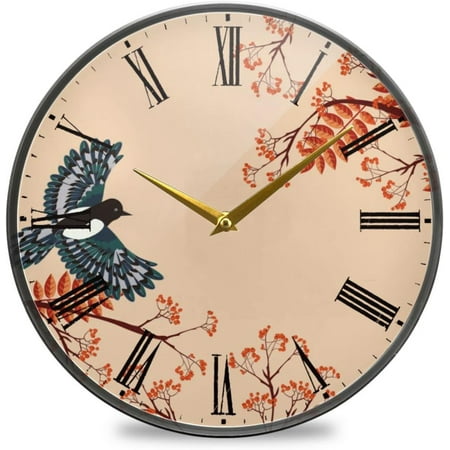 BESTKITTY Magpie and Branches of Rowan Wall Clock Silent Non-Ticking Battery Operated Acrylic Painted Vintage Roman Numerals Clocks 11.9 Inch for Home Kitchen Livingroom Office Classroom