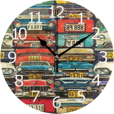 BESTKITTY Non-Ticking Round Clock, Retro Auto License Plates Decorative Battery Operated Wall Clock for Desktop Break Room Apartment Shop