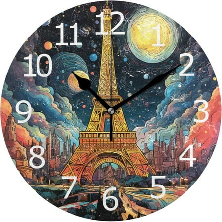 BESTKITTY Non-Ticking Silent Round Wall Clock, Paris Magnificence of The Eiffel Tower Space Decor Clock for Home School Kitchen Bedroom Living Room