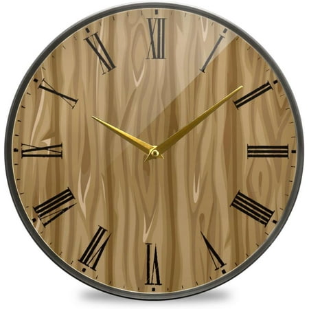 BESTKITTY Old Brown Wood Texture Wall Clock Silent Non-Ticking Battery Operated Acrylic Painted Vintage Roman Numerals Clocks 11.9 Inch for Home Kitchen Livingroom Office Classroom