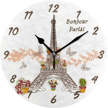 BESTKITTY Paris Eiffel Tower Beautiful Flowers Butterfly Wall Clock 9.8 Inch Silent Round Wall Clock Battery Operated Non Ticking Creative Decorative Clock for Living Room