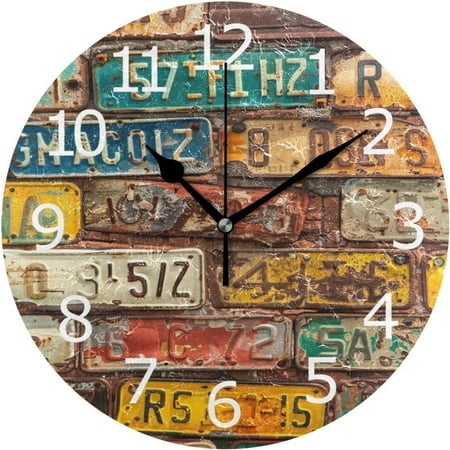 BESTKITTY Round Wall Clock with Silent Movement, Old License Plates Museum on Bricks Wall Decor for Classroom Playroom Bedroom