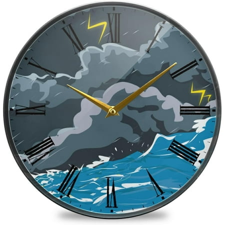 BESTKITTY Stormy Ocean and Rain Wall Clock Silent Non-Ticking Battery Operated Acrylic Painted Vintage Roman Numerals Clocks 11.9 Inch for Home Kitchen Livingroom Office Classroom