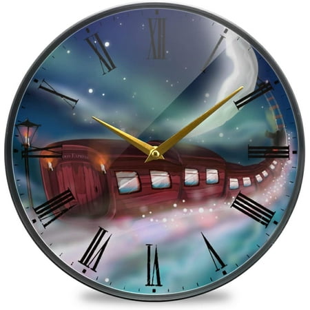 BESTKITTY Train Trip to The Moon Wall Clock Silent Non-Ticking Battery Operated Acrylic Painted Vintage Roman Numerals Clocks 11.9 Inch for Home Kitchen Livingroom Office Classroom