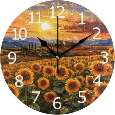 BESTKITTY Tuscany Sunflowers Acrylic Painted Silent Non-Ticking Round Wall Clock for Garage Basement Restaurant Workshop Wall