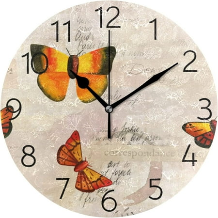 BESTKITTY Vintage Old Butterflies Seamless Wall Clock Round Silent Non-Ticking [Battery Operated] Easy to Read Clocks for Home Kitchen Office Classroom Living Room Bedroom