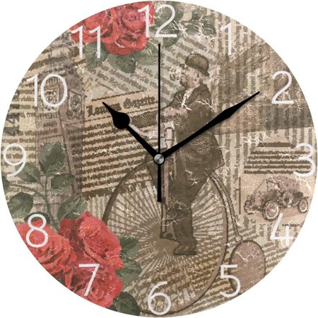 BESTKITTY Vintage Poster London Torn Newspaper Wall Clock 9.8 Inch Silent Round Wall Clock Battery Operated Non Ticking Creative Decorative Clock for Kids Living Room