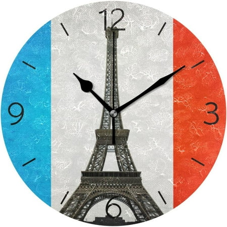 BESTKITTY Wall Clock Eiffel Tower France Flag Round Clock for Bedroom Living Room Classroom Decorative