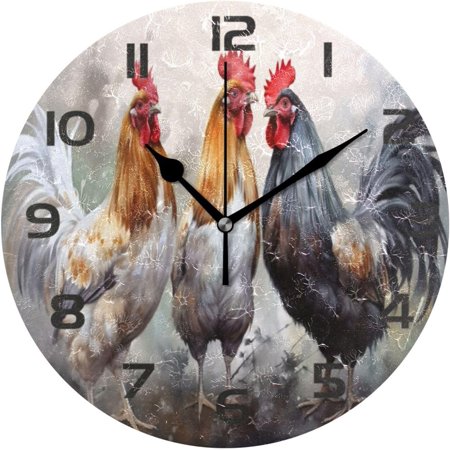 BESTKITTY Wall Clock Retro Style Farmhouse Rooster 10 Inch Silent Non Ticking Quality Quartz Battery Operated Digital Round Easy to Read for Home Office Kitchen Decorative