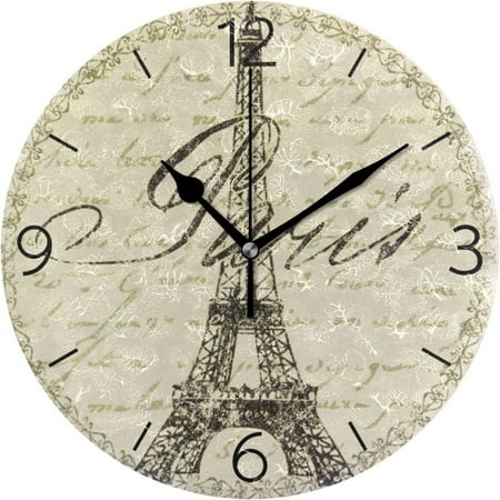 BESTKITTY Wall Clock Vintage Paris Eiffel Tower Round Clock for Bedroom Living Room Classroom Decorative