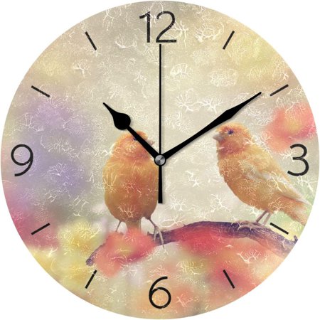 BESTKITTY Wall Clock Yellow Birds in The Garden Round Clock for Bedroom Living Room Classroom Decorative