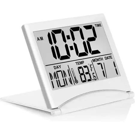 Betus Digital Travel Alarm Clock - Foldable Calendar Temperature Timer LCD Clock with Snooze Mode - Large Number Display, Battery Operated - Compact Desk Clock(Silver, No Backlight)