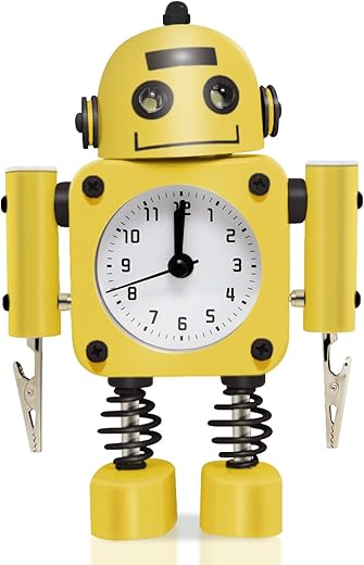 Betus Non-Ticking Robot Alarm Clock Stainless Metal - Wake-up Clock with Flashing Eye Lights and Hand Clip (Yellow)