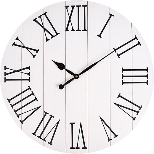 BEW 24 inch Farmhouse Wall Clock, Large White Wood Wall Clocks for Living Room Decor, Rustic Country Shabby Chic Shiplap Round Wooden Wall Clock Silent Battery Operated-Roman Numerals