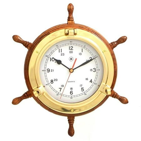 Bey-Berk International SQ509 Lacquered Brass Porthole Quartz Clock with Ships Wheel in Oak Wood & Gold