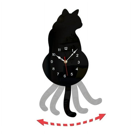 Black-Cat Pendulum Wall Clock,Cat Clock with Moving Tail,Cat Swinging,Whimsical Funny Clocks