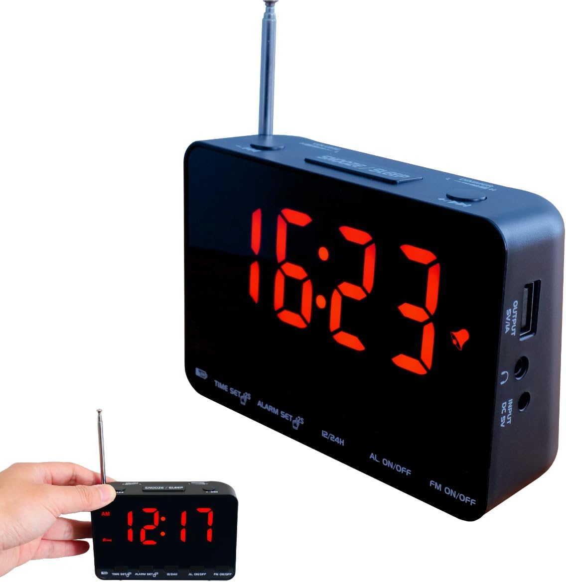 (Black-Frame&Red-Display) FM Radio Alarm Clock with 5.2 inches LED Display, AUX Earphone Jack & USB Output,12H/24H Clock Radio with Snooze Function Wake Up by Radio or Buzzer