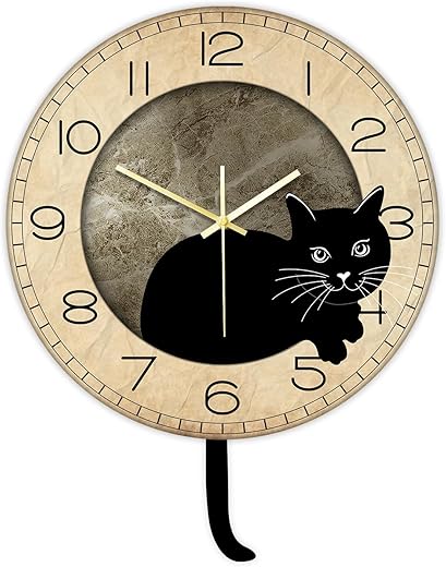 Black Cat Pendulum Wall Clock, Funny Cat Swinging Clock with Moving Tail Silent Non Ticking Battery Operated Creative DIY Cat Acrylic Wall Clock with Pendulum Swing Tail Gift for Cat Lovers