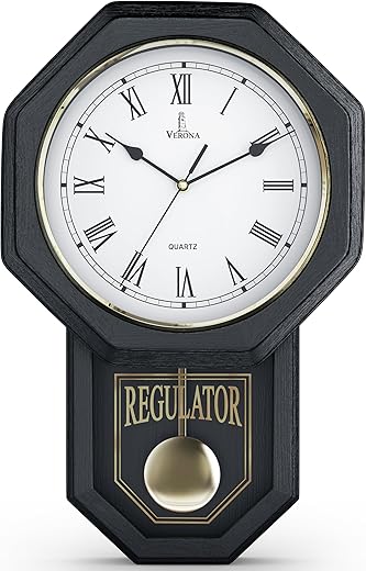 Black Pendulum Wall Clock Battery Operated - Regulator Clock - Wooden Schoolhouse Wall Clock with Pendulum - Wood Pendulum Clock - Decorative Wall Clocks for Living Room Decor, Home, Office 18x11