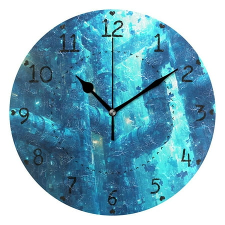 Blue Sci-fi Style Round Wall Clock Silent Battery Operated Home Decor for Living Room Bedroom