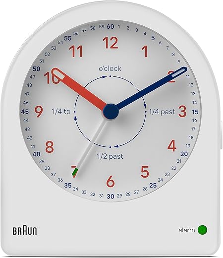 Braun Analogue Time Teacher Alarm Clock with Snooze and Continuous Backlight, Quiet Quartz Movement, Easy to Read Dial, Crescendo Beep Alarm in White, Model BC22TW.