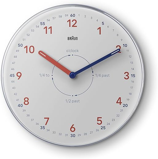 Braun Analogue Time Teacher Wall Clock with Silent Quartz Movement, Easy to Read Dial, 23cm Diameter in White, Model BC26TW.