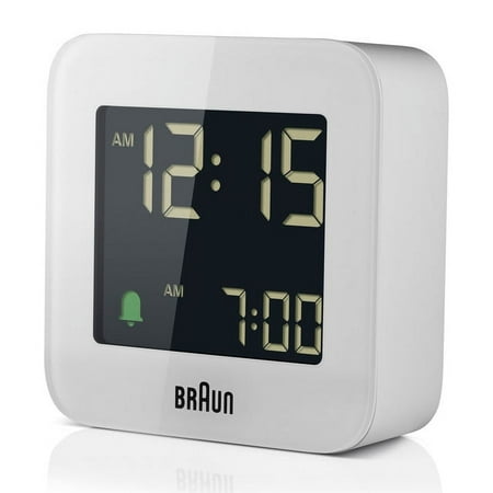 Braun BC08W: Sleek White Digital Travel Alarm Clock with Snooze, Negative LCD Display, and Quick Set