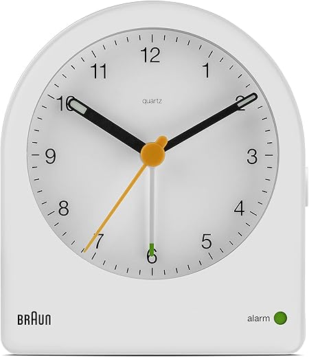 Braun Classic Analogue Alarm Clock with Snooze and Continuous Backlight, Quiet Quartz Movement, Crescendo Beep Alarm in White, Model BC22W.