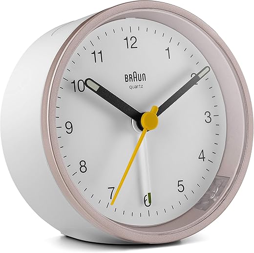 Braun Classic Analogue Alarm Clock with Snooze and Light, Quiet Quartz Movement, Crescendo Beep Alarm in White and Rose, Model BC12PW.