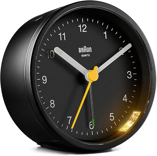 Braun Classic Analogue Alarm Clock with Snooze and Light, Quiet Quartz Movement, Crescendo Beep Alarm in Black, Model BC12B.