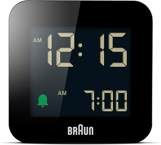 Braun Digital Travel Alarm Clock with Snooze, Compact Size, Negative LCD Display, Quick Set, Crescendo Beep Alarm in Black, Model BC08B (1-Pack)